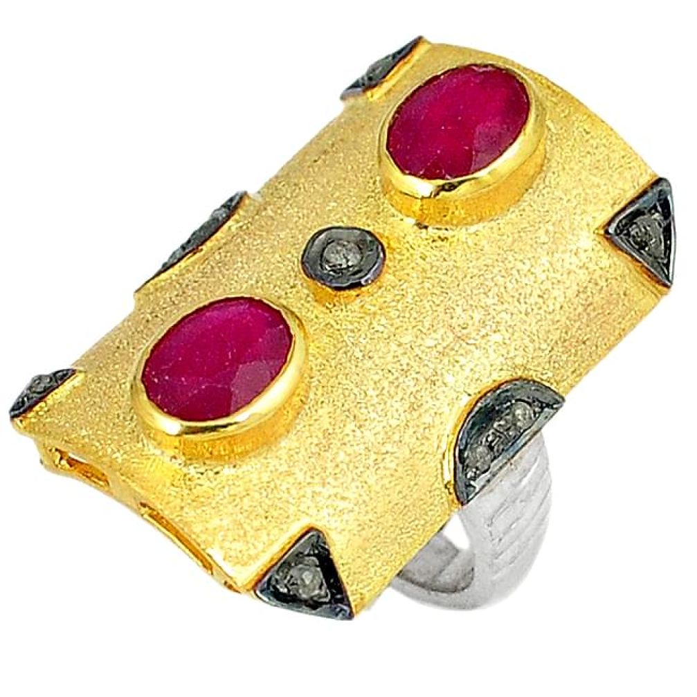 4.07cts estate natural diamond red ruby 925 silver 14k gold ring size 8.5 v1294