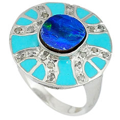 4.34cts estate diamond blue australian opal (lab) 925 silver ring size 8 v1310