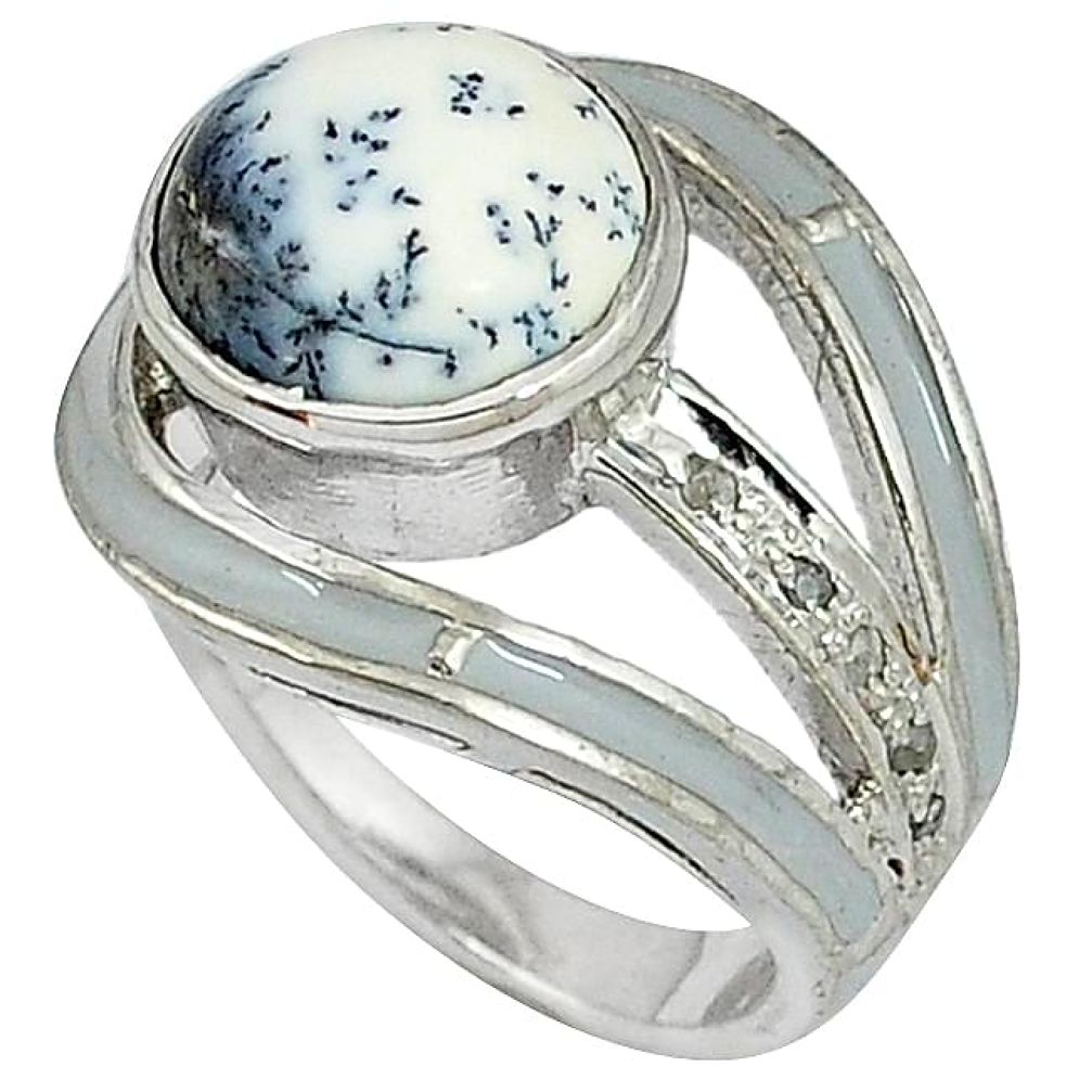 Vintage diamond white dendrite opal (merlinite) 925 silver ring size 7.5 v1313