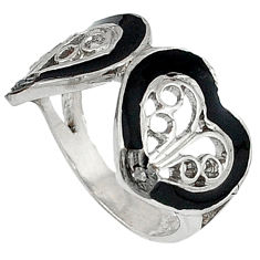 925 silver vintage natural white diamond black enamel heart ring size 7 v1317