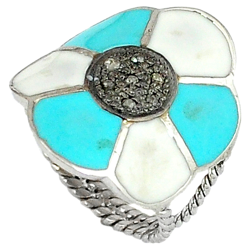 925 silver vintage natural white diamond enamel ring jewelry size 8.5 v1320