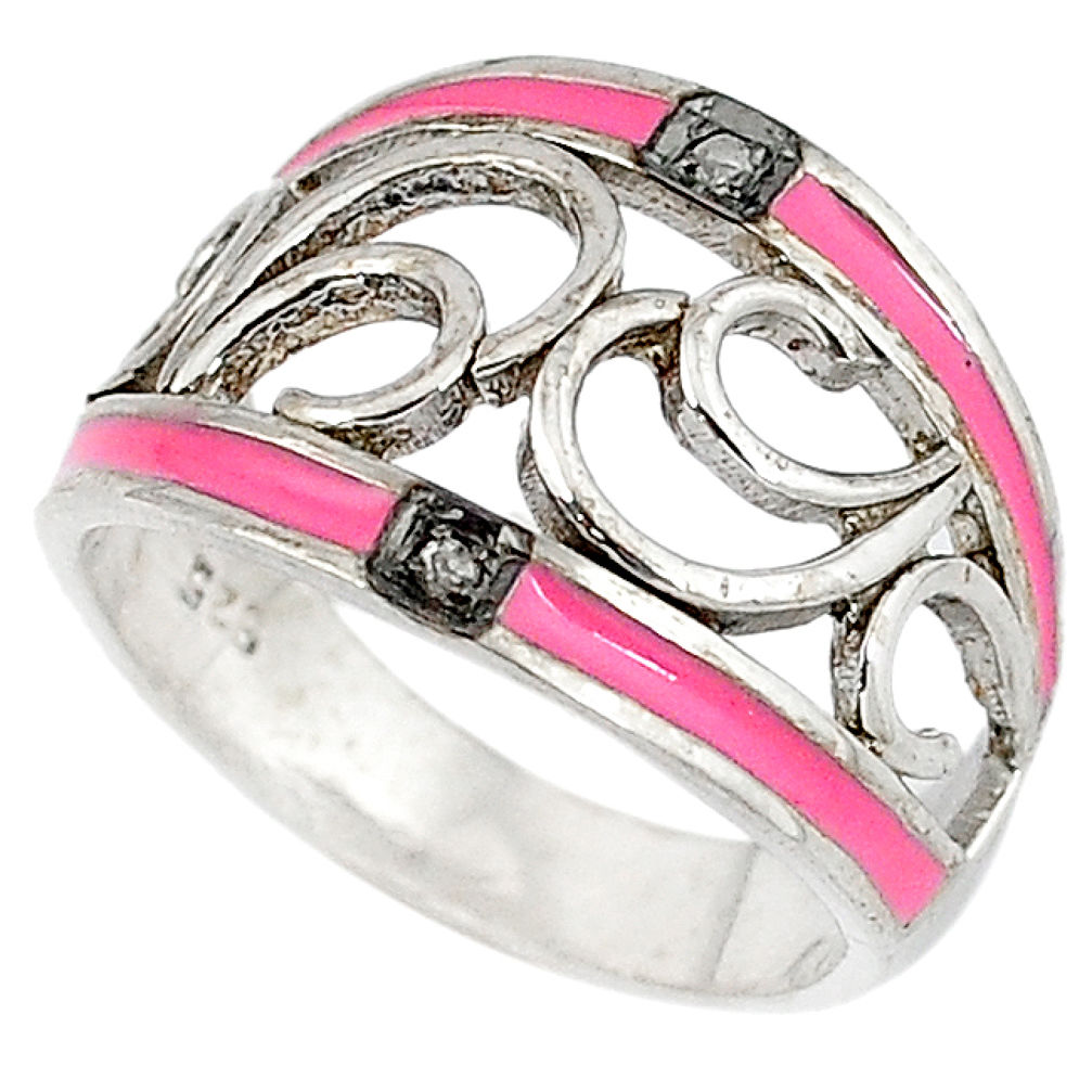925 silver vintage natural white diamond pink enamel band ring size 9 v1631