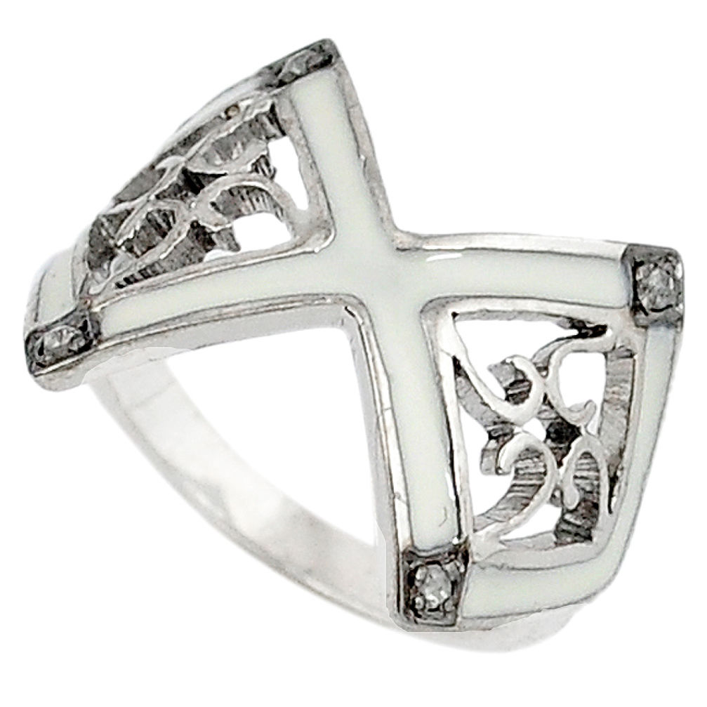 Vintage natural white diamond white enamel 925 silver ring jewelry size 7 v1632