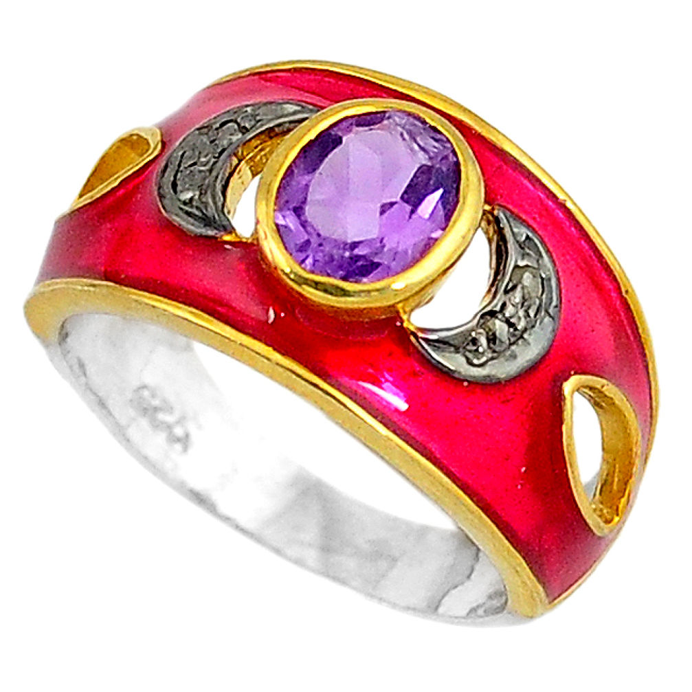 2.11cts estate natural diamond amethyst 925 silver gold band ring size 8 v1637