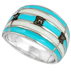 925 silver estate natural white diamond blue enamel band ring size 7 v1655