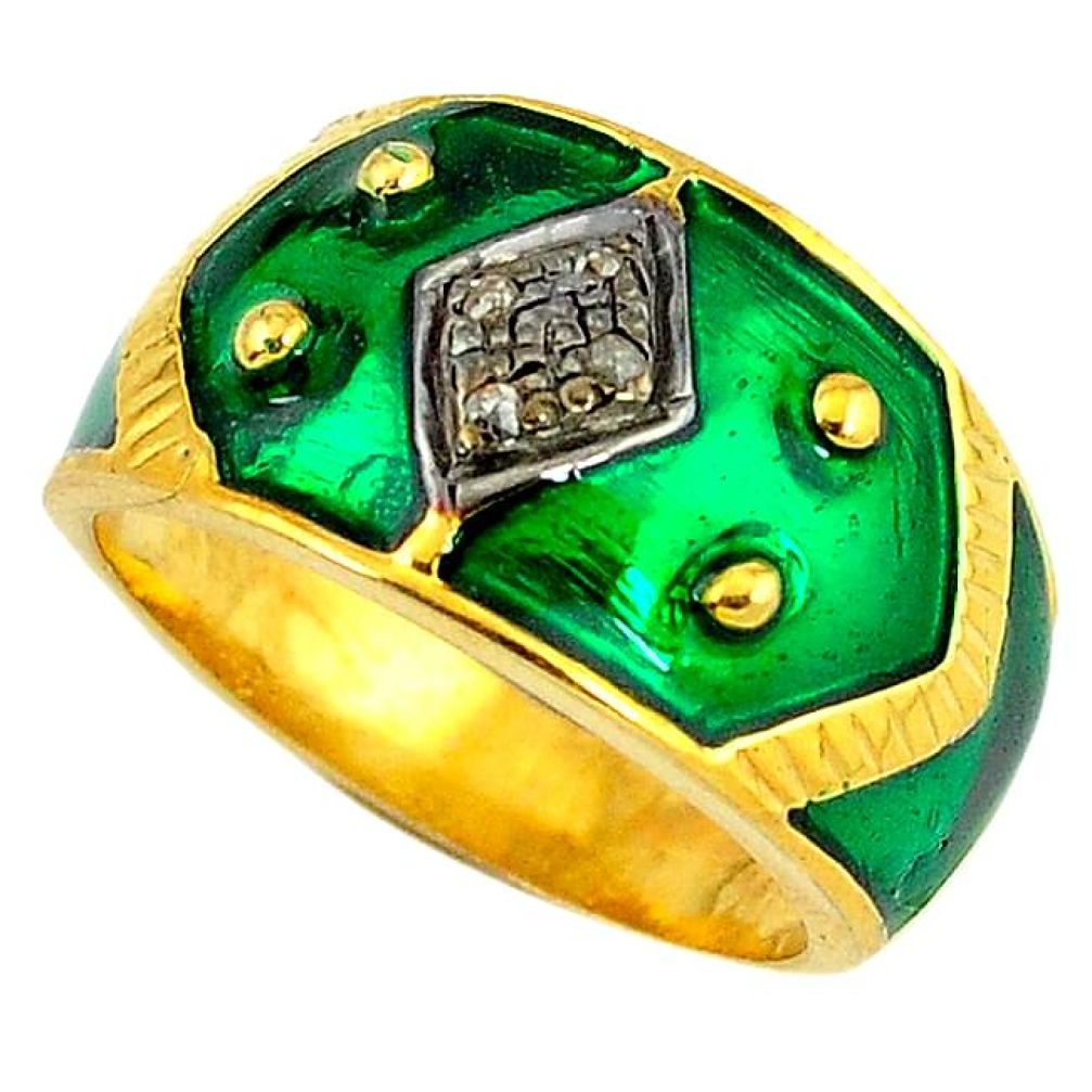 Estate natural diamond green enamel 925 silver 14k gold band ring size 9 v1656