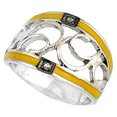 Estate natural diamond round yellow enamel 925 silver band ring size 9 v1660