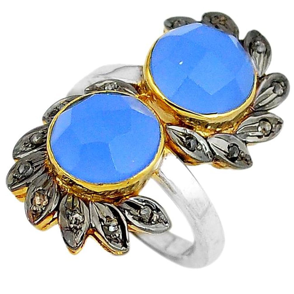 11.10cts vintage natural blue chalcedony 925 silver 14k gold ring size 7 v1661