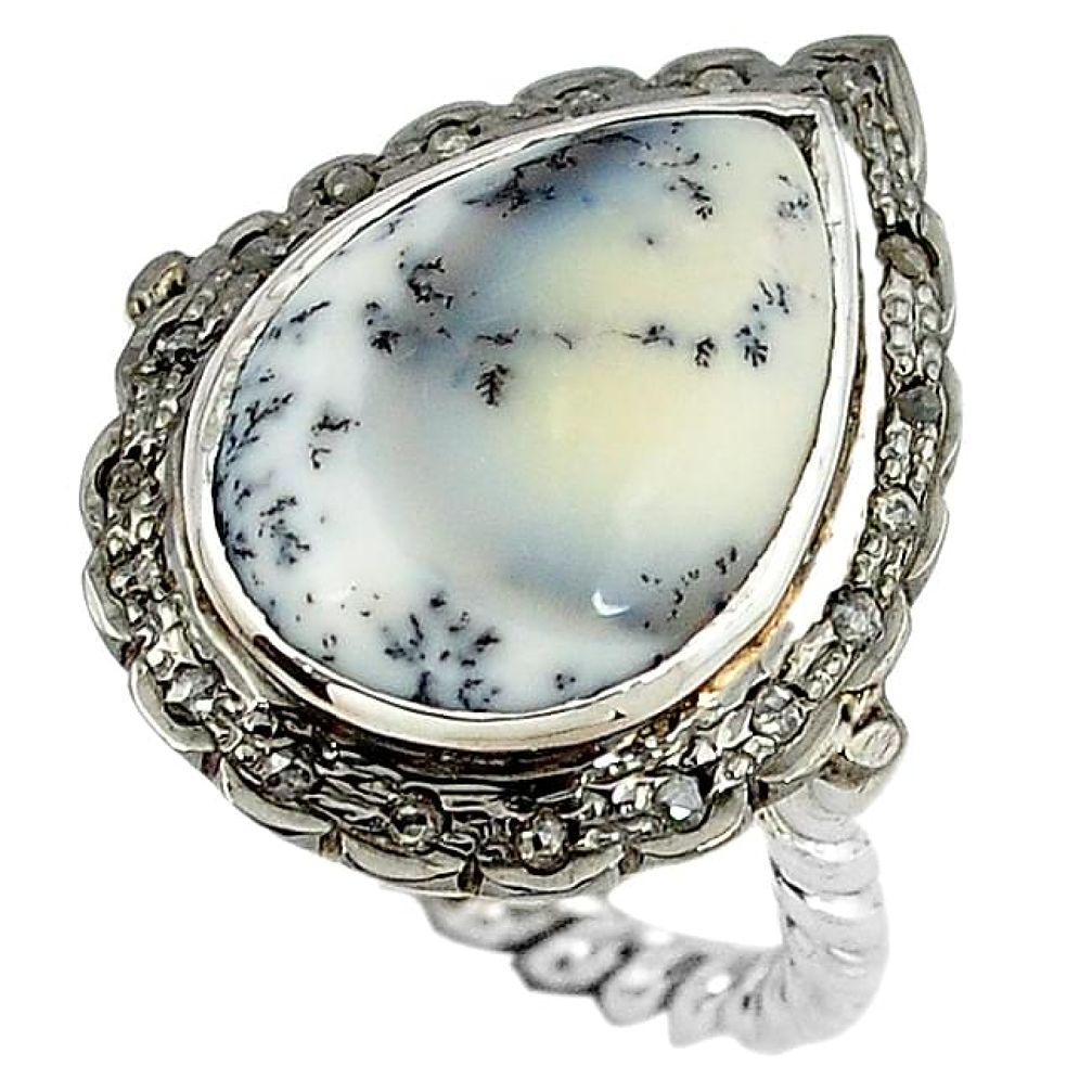 16.56cts vintage diamond dendrite opal (merlinite) 925 silver ring size 9 v1667