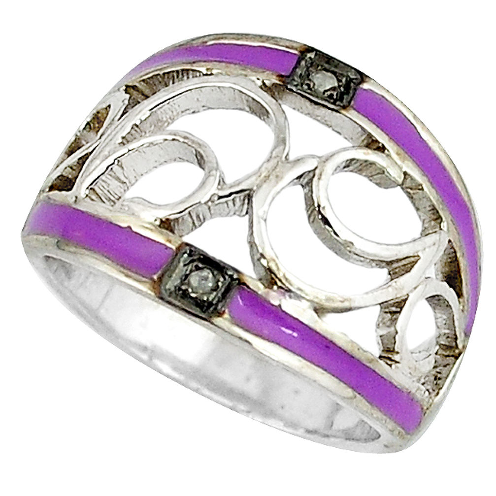 Estate natural diamond round purple enamel 925 silver band ring size 7 v1675