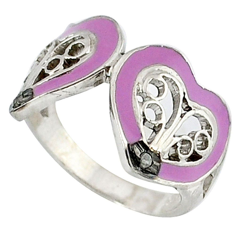 925 silver estate natural white diamond round purple enamel ring size 8 v1825