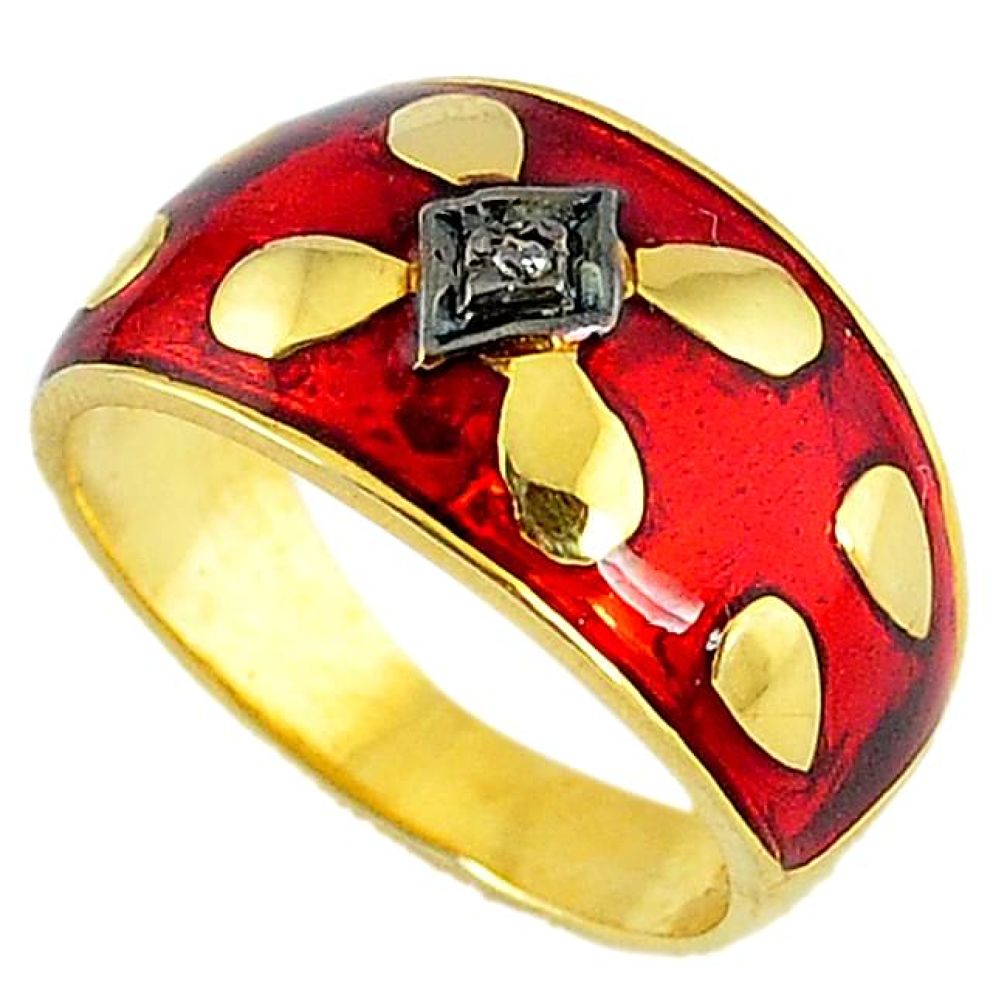 925 silver estate natural diamond red enamel 14k gold band ring size 8 v1828