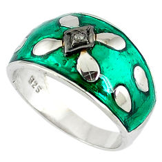 Vintage natural white diamond green enamel 925 silver band ring size 9 v1834
