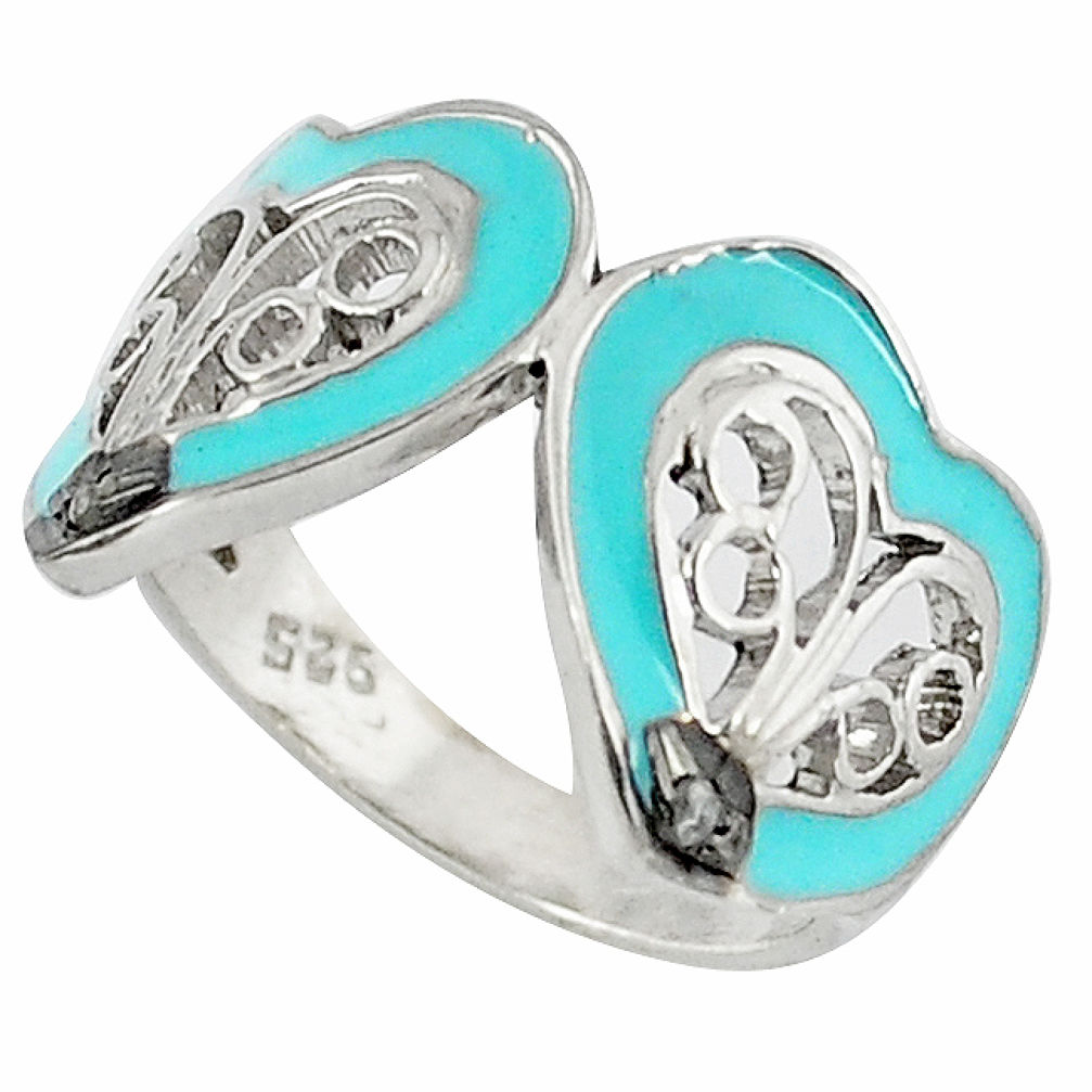 Vintage natural white diamond blue enamel 925 silver ring jewelry size 7 v1837