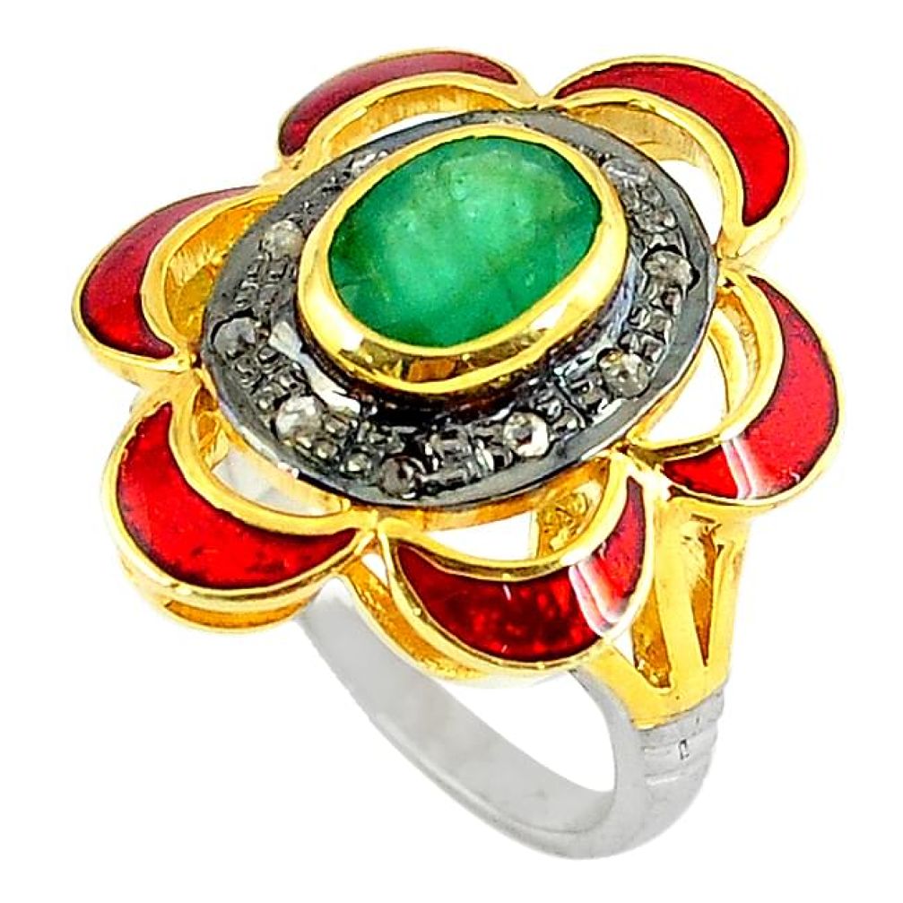 2.96cts estate natural diamond emerald enamel 925 silver gold ring size 8 v1861