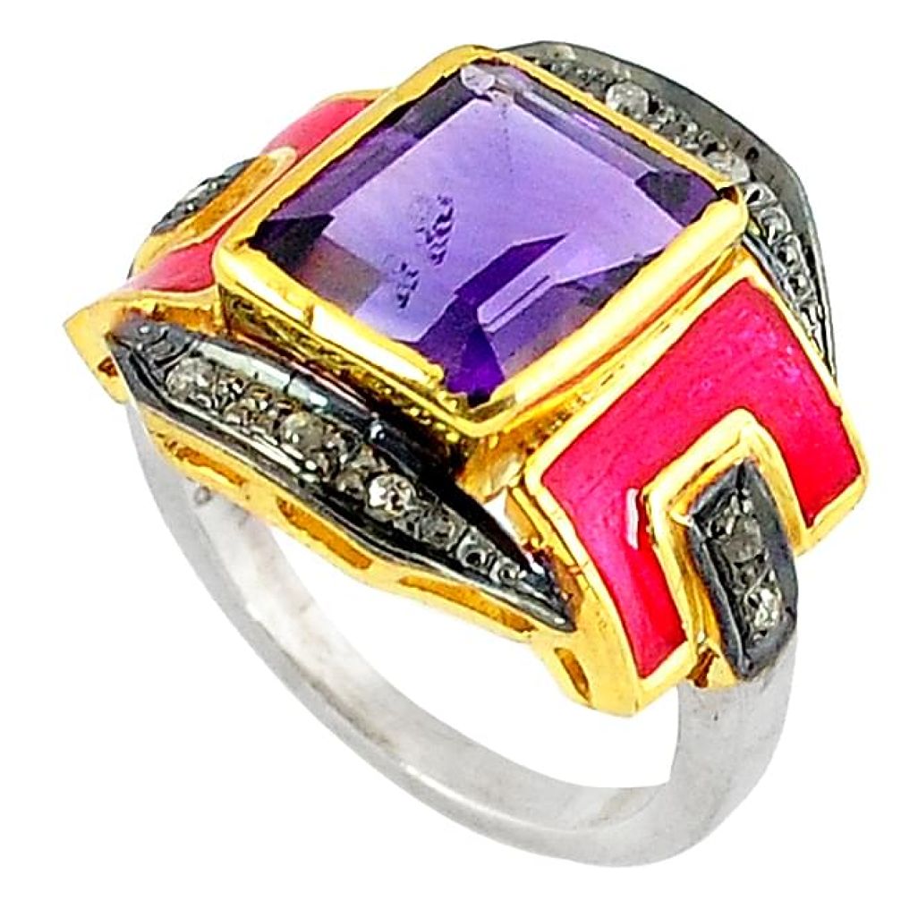 5.51cts estate natural diamond amethyst enamel 925 silver gold ring size 9 v1869