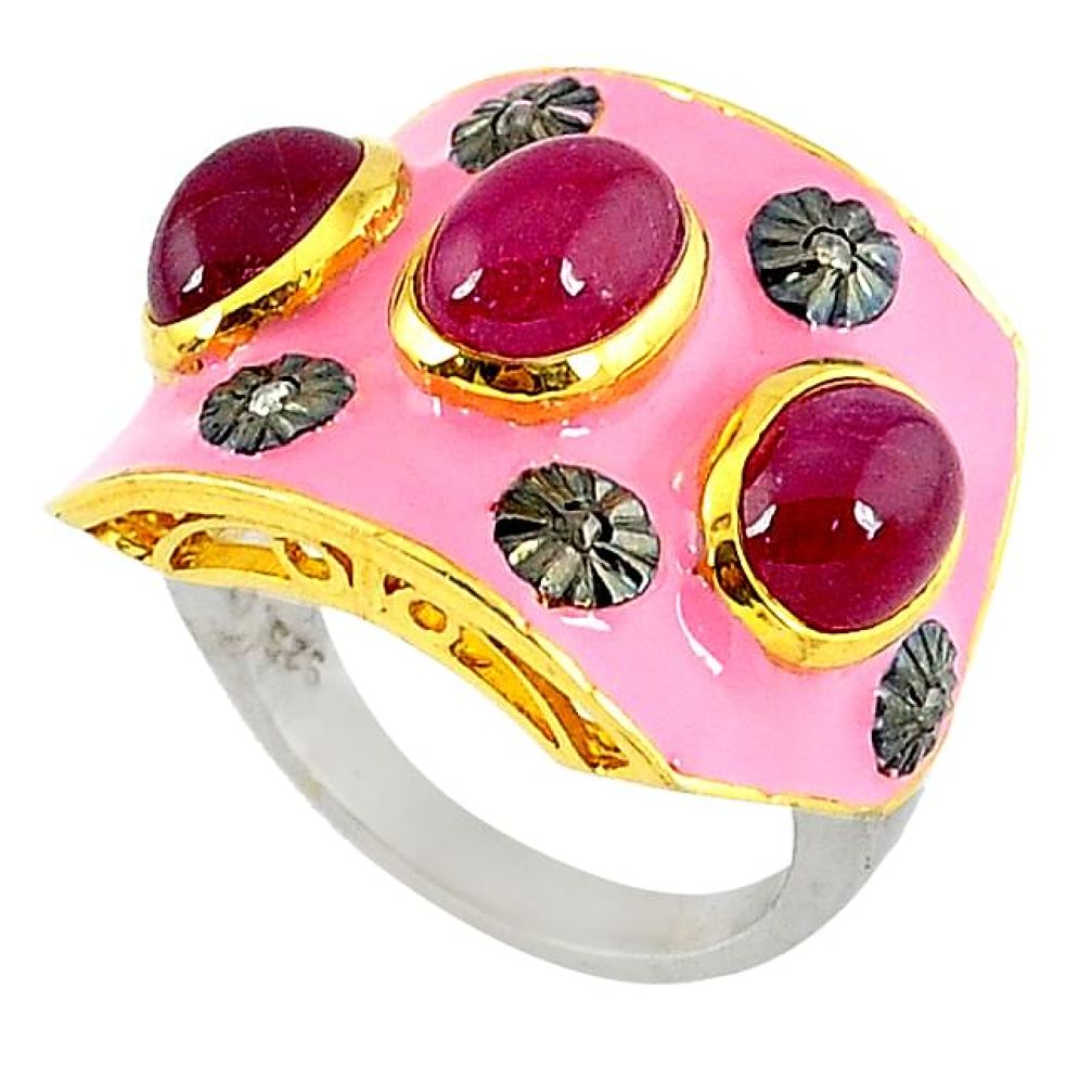 9.99cts vintage natural diamond ruby enamel 925 silver gold ring size 9 v1872