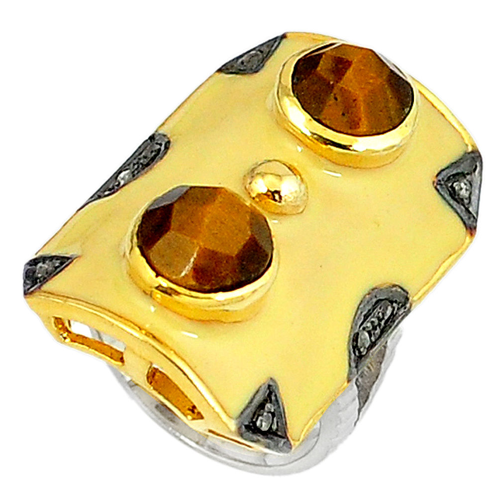6.41cts estate natural diamond tiger's eye 925 silver 14k gold ring size 9 v1884