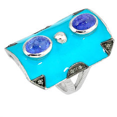 4.21cts vintage diamond blue tanzanite enamel 925 silver ring size 7 v1893