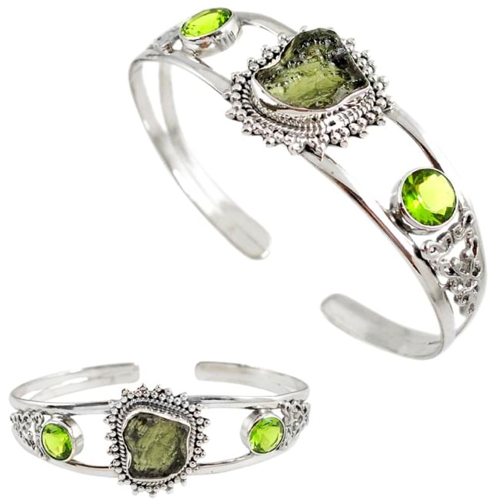 925 silver green moldavite (genuine czech) peridot adjustable bangle h89249