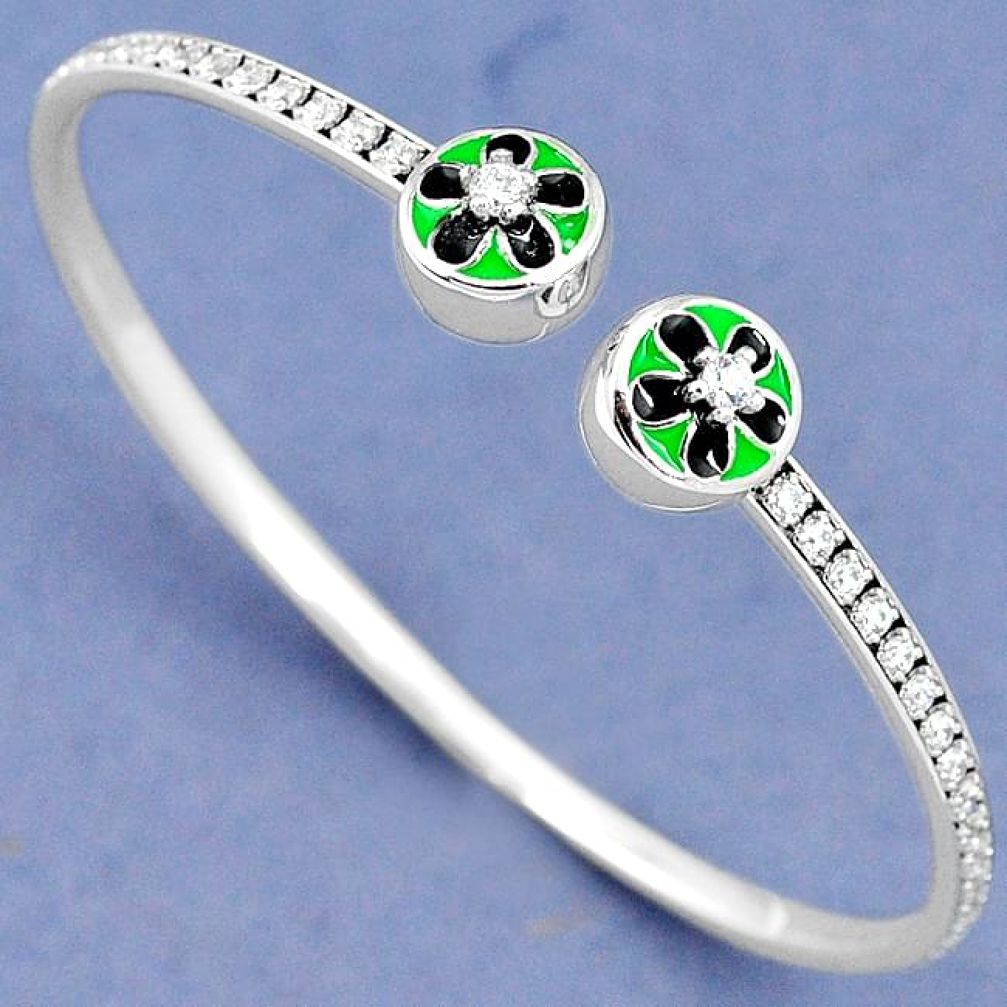 925 STERLING SILVER NATURAL WHITE TOPAZ ENAMEL ADJUSTABLE BANGLE JEWELRY H42764