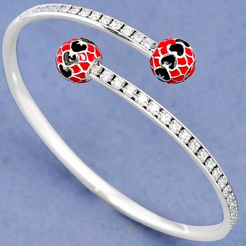 925 STERLING SILVER WHITE TOPAZ RED ENAMEL ADJUSTABLE BANGLE JEWELRY H42762