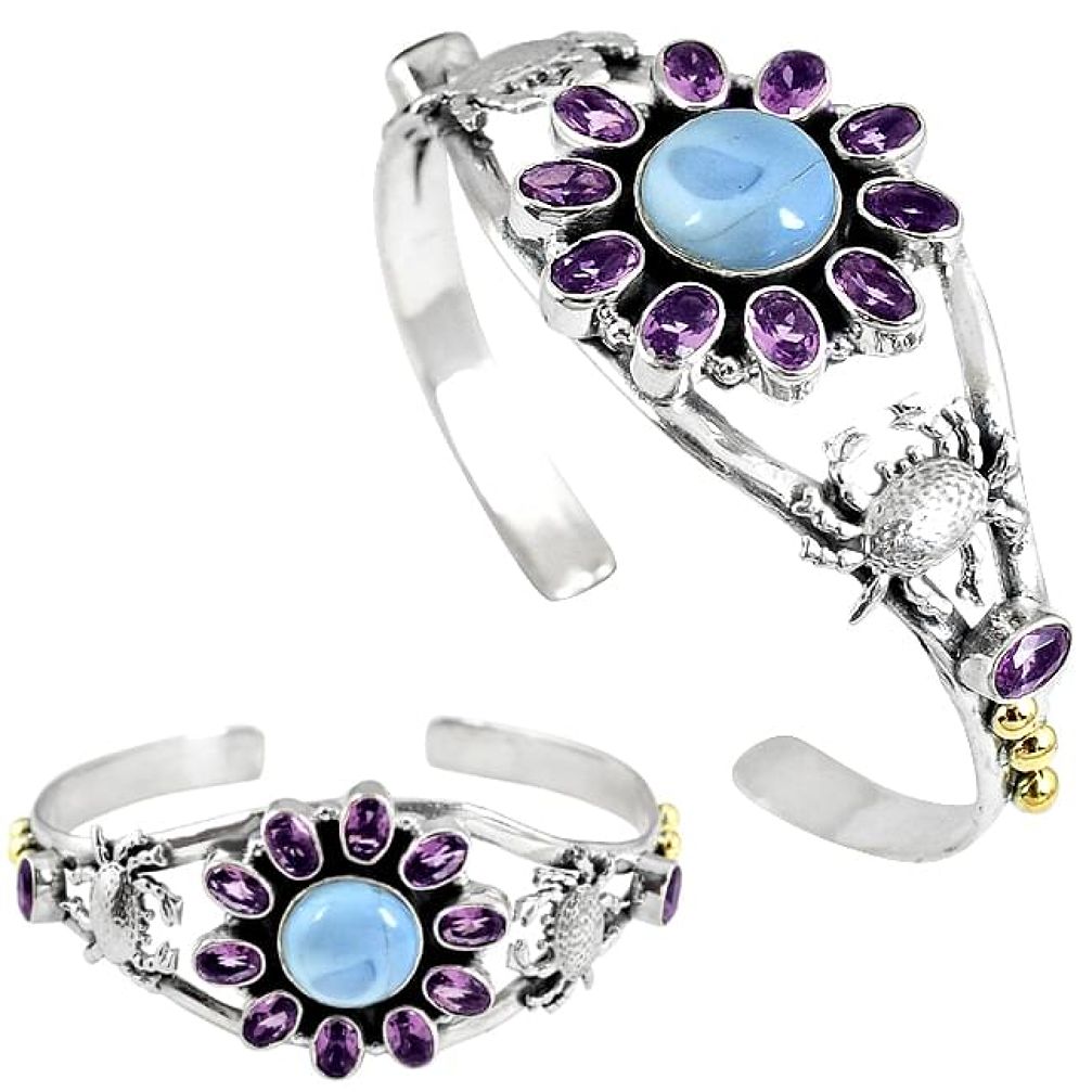 Natural blue owyhee opal amethyst 925 silver adjustable bangle jewelry j42967