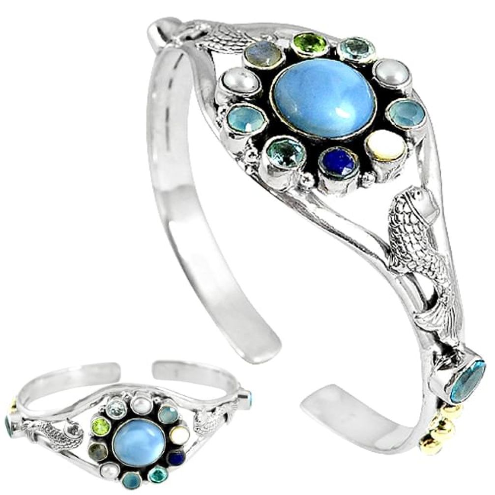 Natural blue owyhee opal 925 sterling silver adjustable bangle jewelry j42974