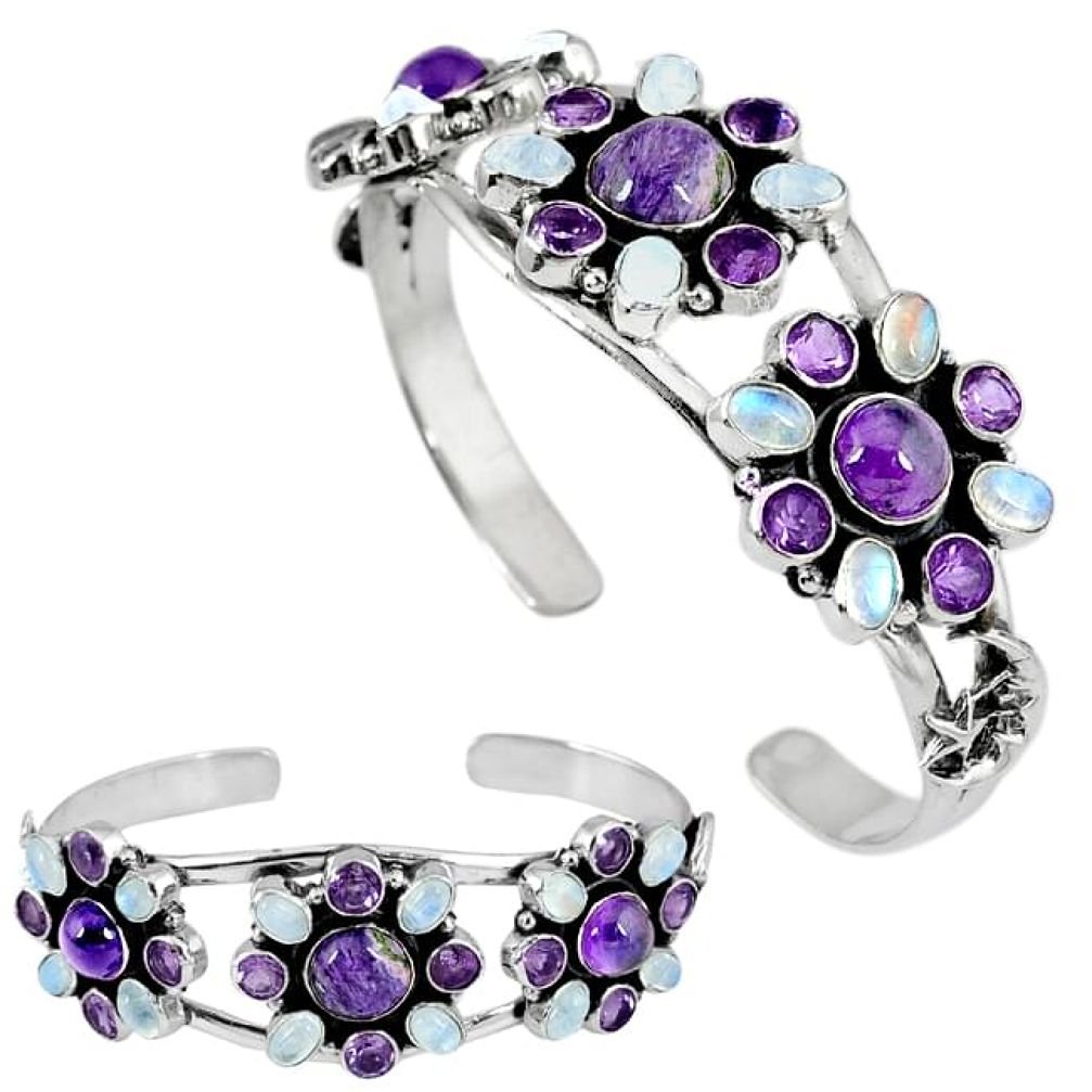 Natural purple charoite (siberian) 925 silver adjustable bangle jewelry k17158