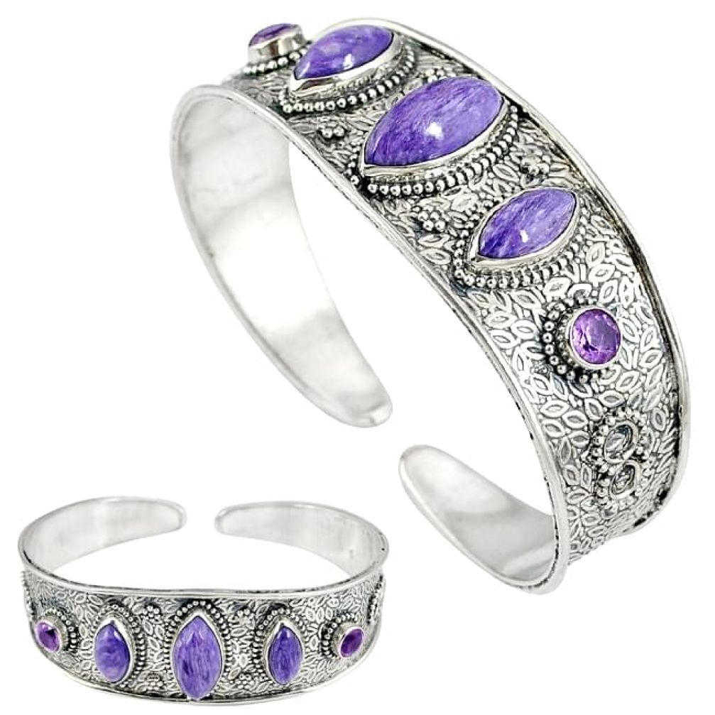 Natural purple charoite (siberian) amethyst 925 silver bangle jewelry k17162
