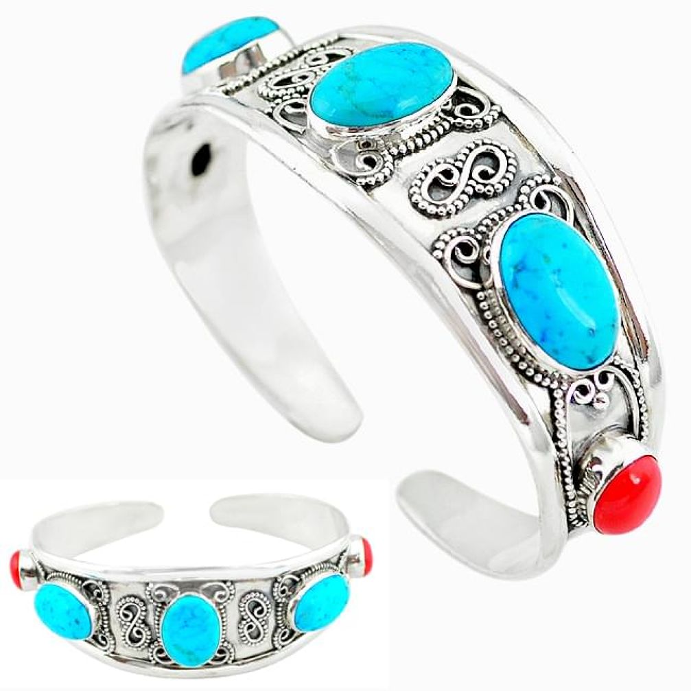 Natural blue magnesite red coral 925 silver adjustable bangle jewelry k50342