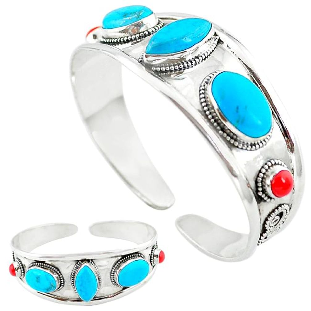 Natural blue magnesite red coral 925 silver adjustable bangle jewelry k50344