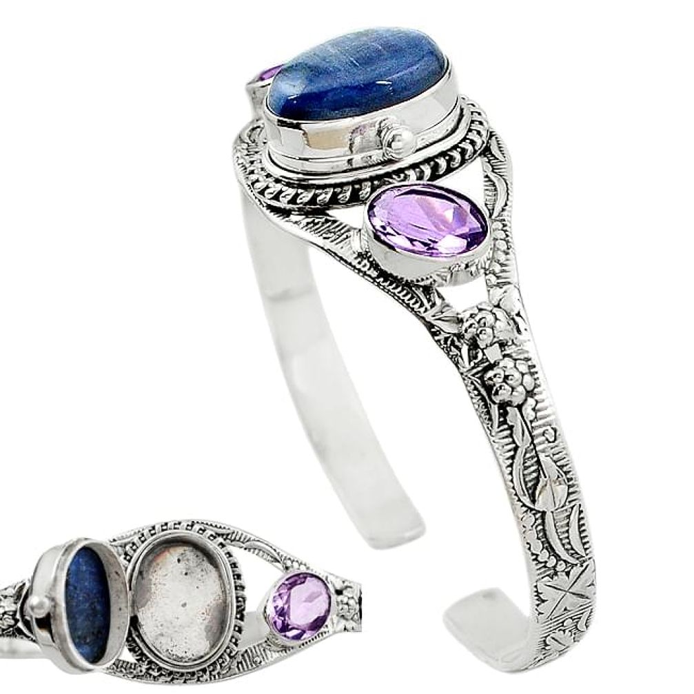 Natural blue kyanite purple amethyst 925 silver adjustable bangle jewelry k91294