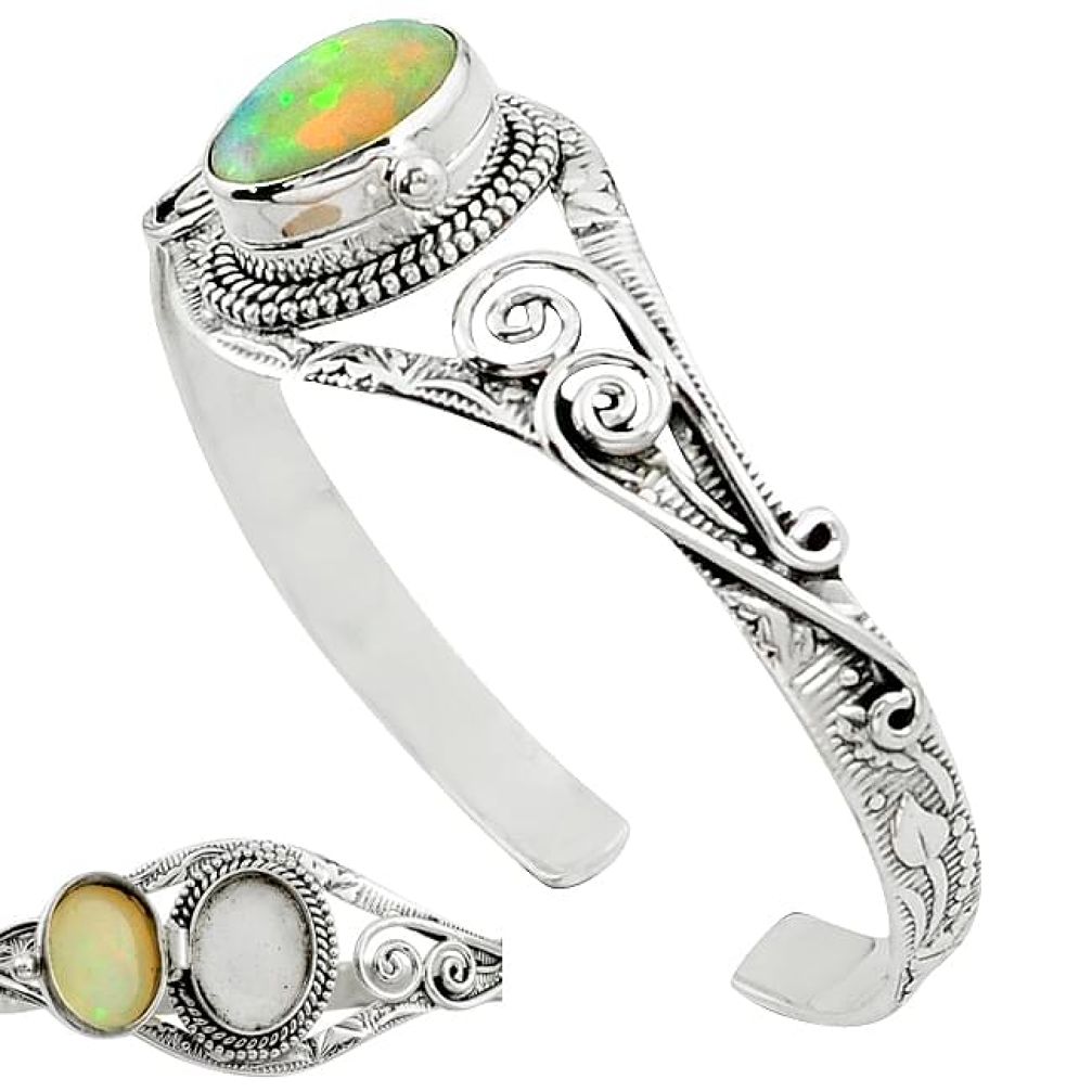 Natural multi color ethiopian opal 925 sterling silver adjustable bangle k91297