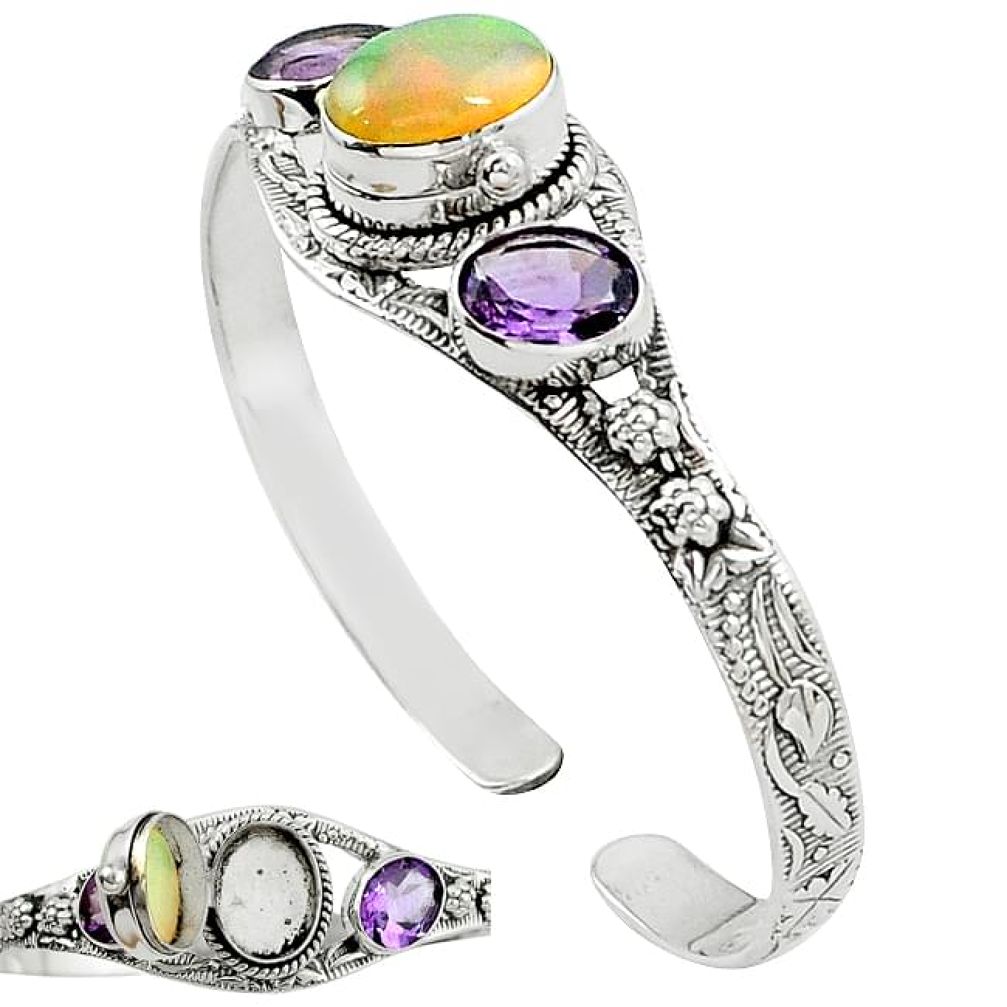 925 silver natural multi color ethiopian opal amethyst adjustable bangle k91299