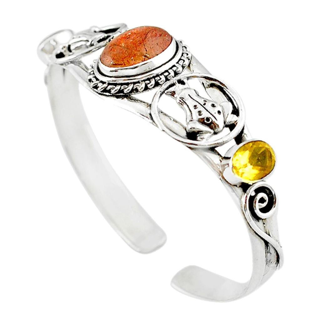 Natural orange sunstone (hematite feldspar) 925 silver adjustable bangle m10377