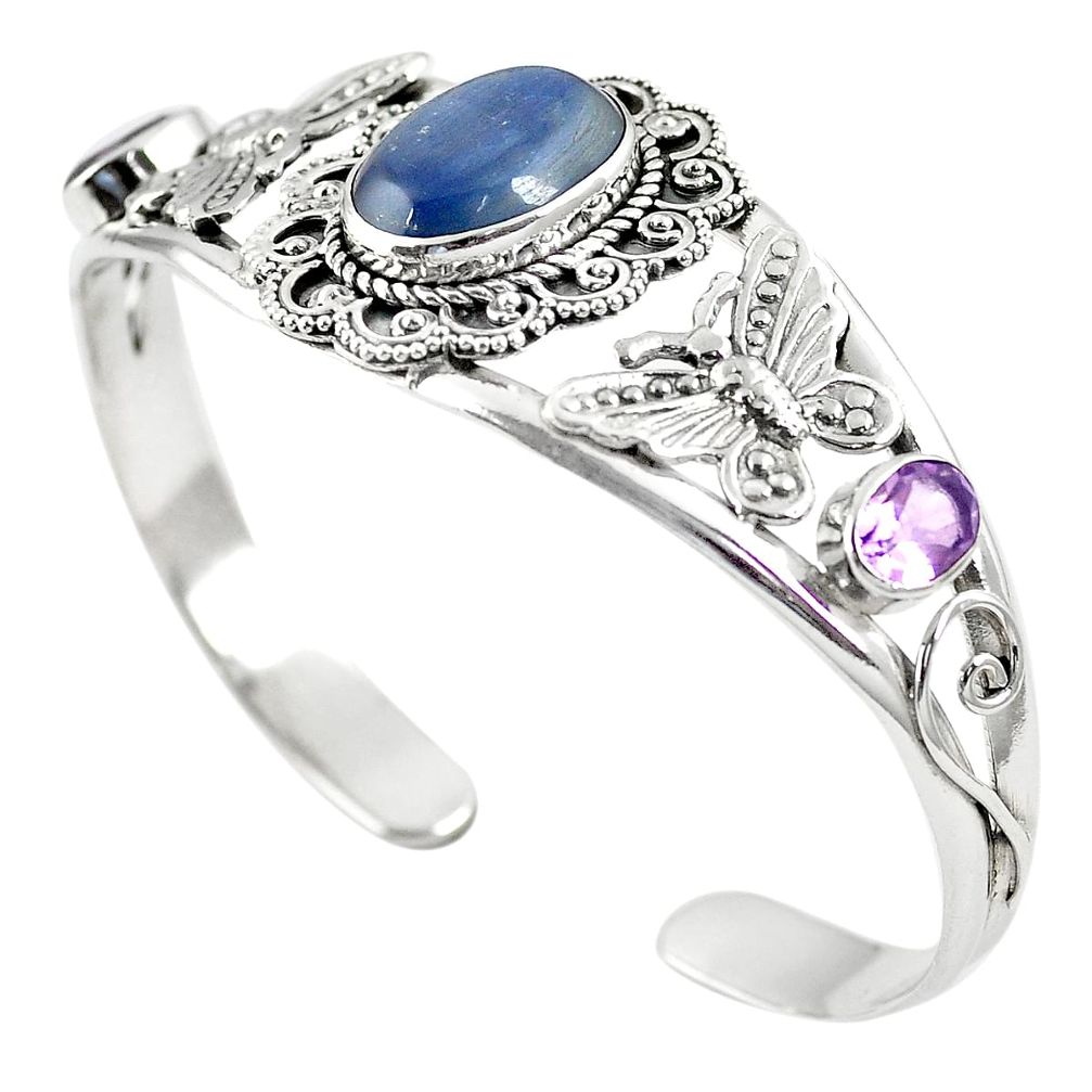 Natural blue kyanite amethyst 925 silver adjustable bangle jewelry m44707