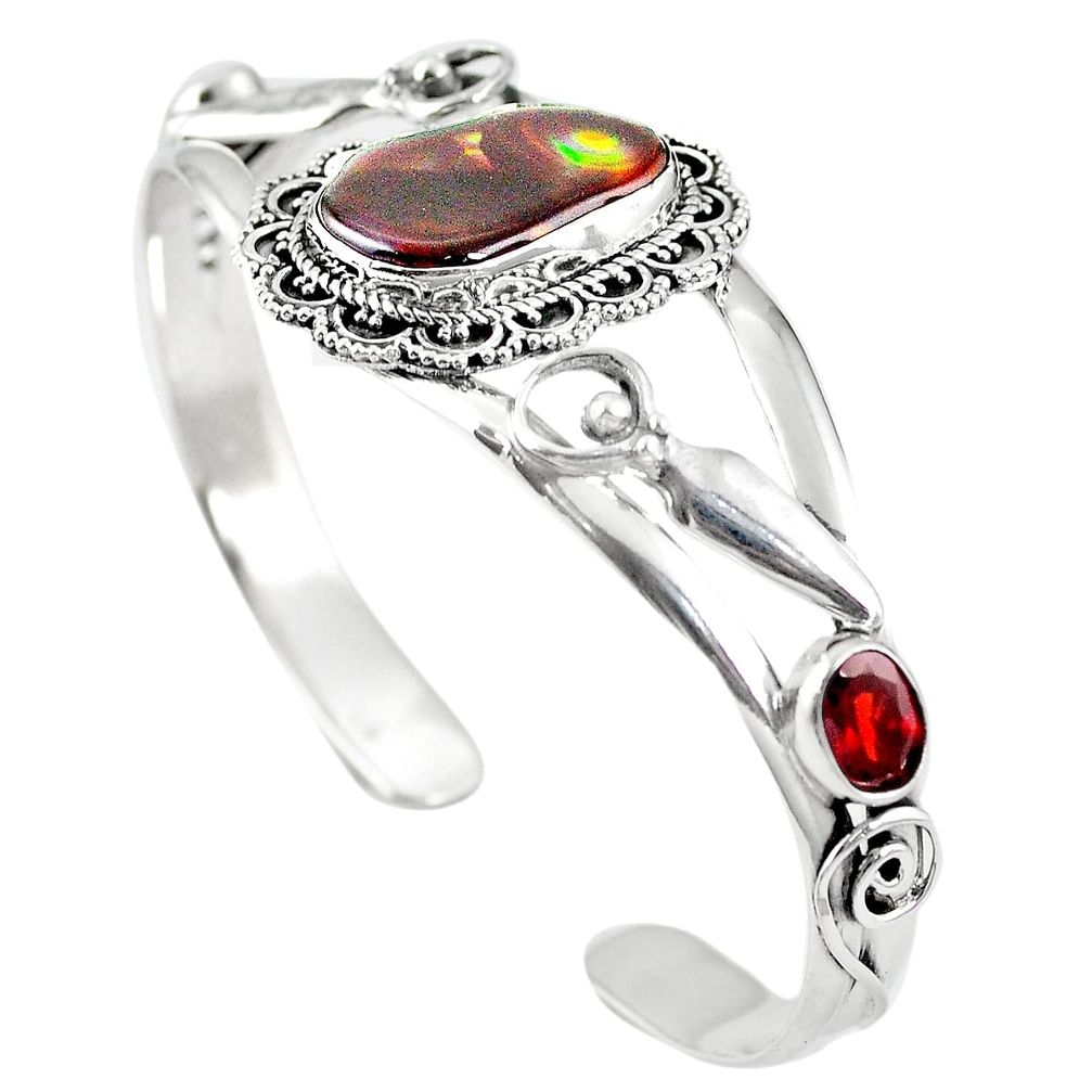 Natural multi color mexican fire agate 925 silver adjustable bangle m44739