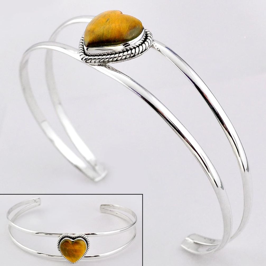 14.58cts heart natural brown tiger's eye 925 silver adjustable bangle t91581