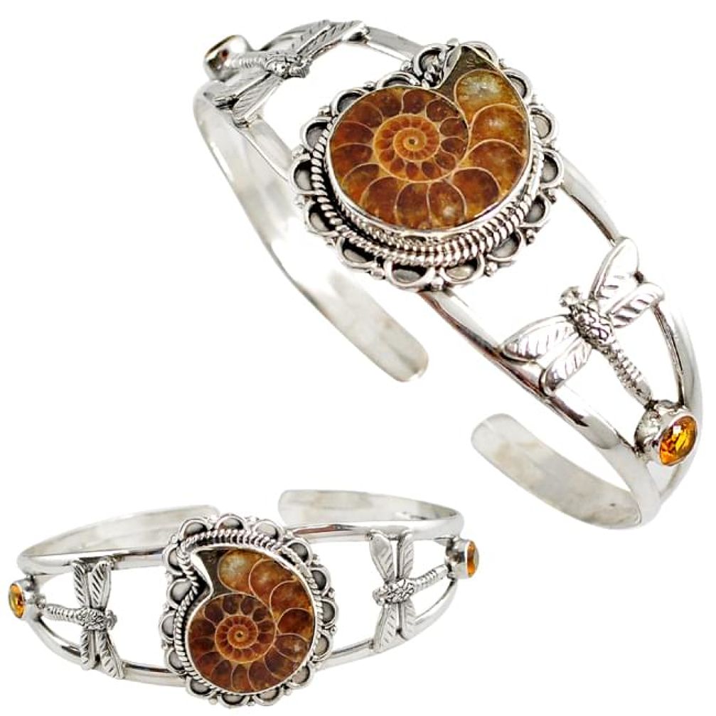 Brown ammonite fossil citrine 925 silver dragonfly adjustable bangle h89235