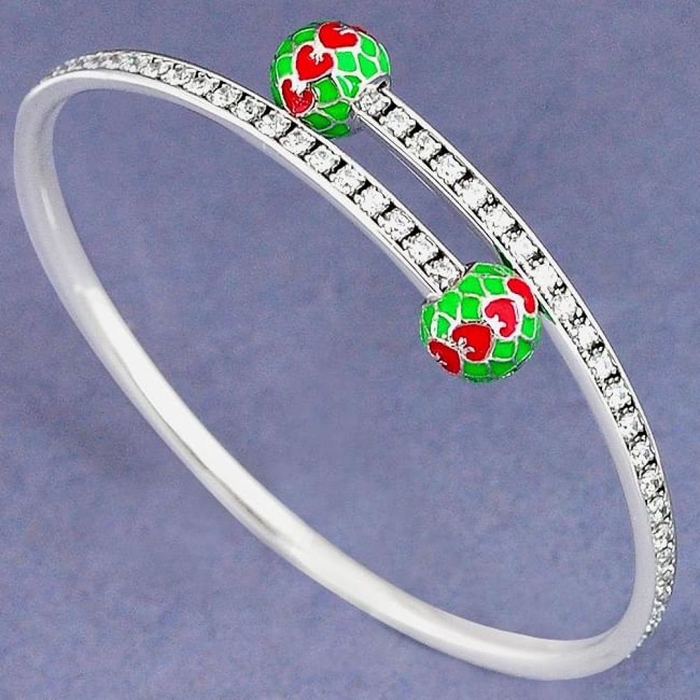GREEN RED ENAMEL WHITE TOPAZ 925 SILVER ADJUSTABLE BANGLE JEWELRY H30898