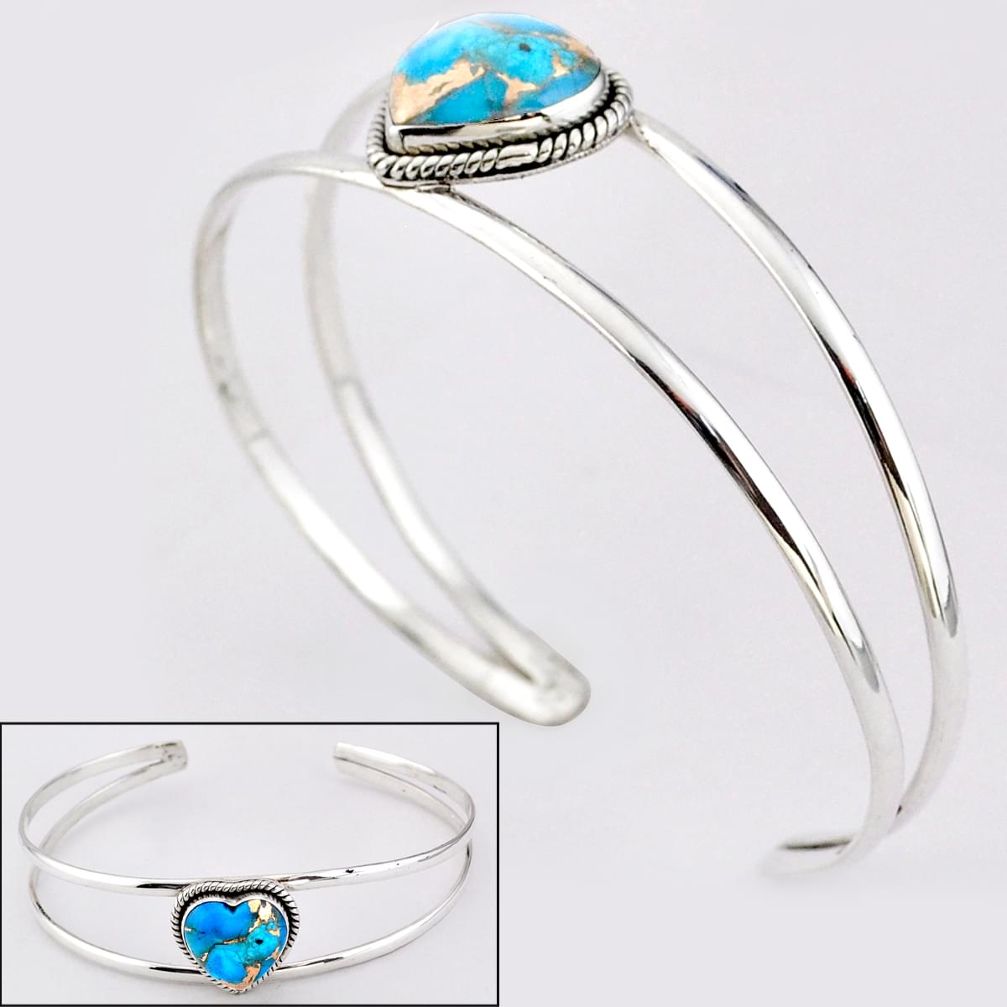 925 silver 14.23cts heart blue copper turquoise adjustable bangle jewelry t91579