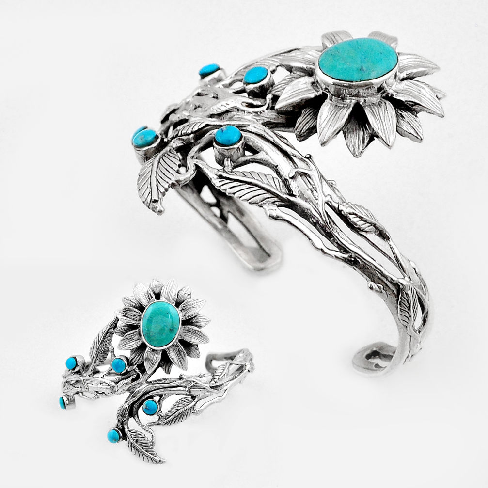 925 silver 6.35cts natural kingman turquoise flower adjustable bangle c32154