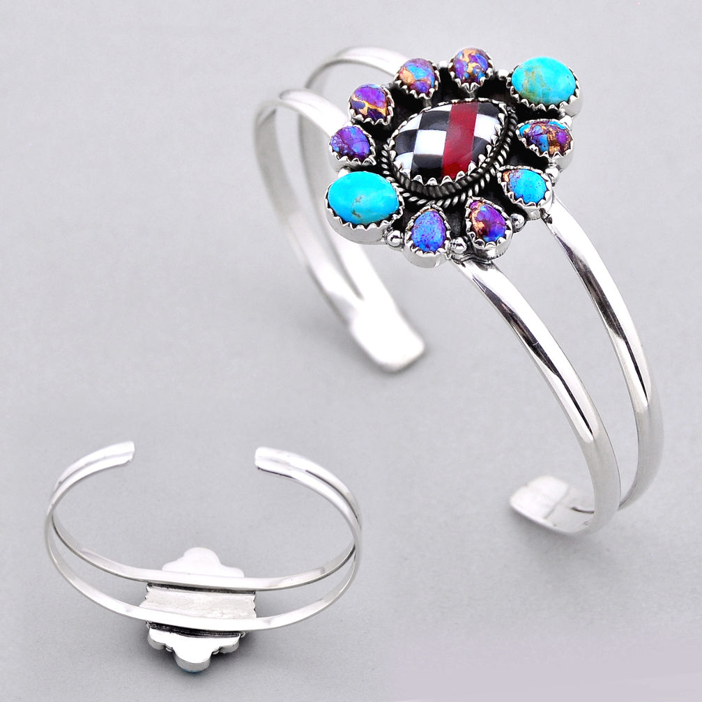 Checker red strip opal arizona mohave turquoise silver adjustable bangle n53485