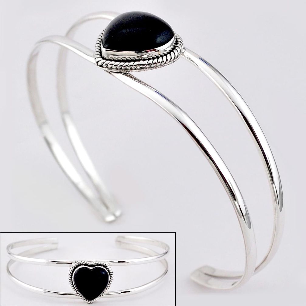 13.53cts heart natural black onyx 925 sterling silver adjustable bangle t91562