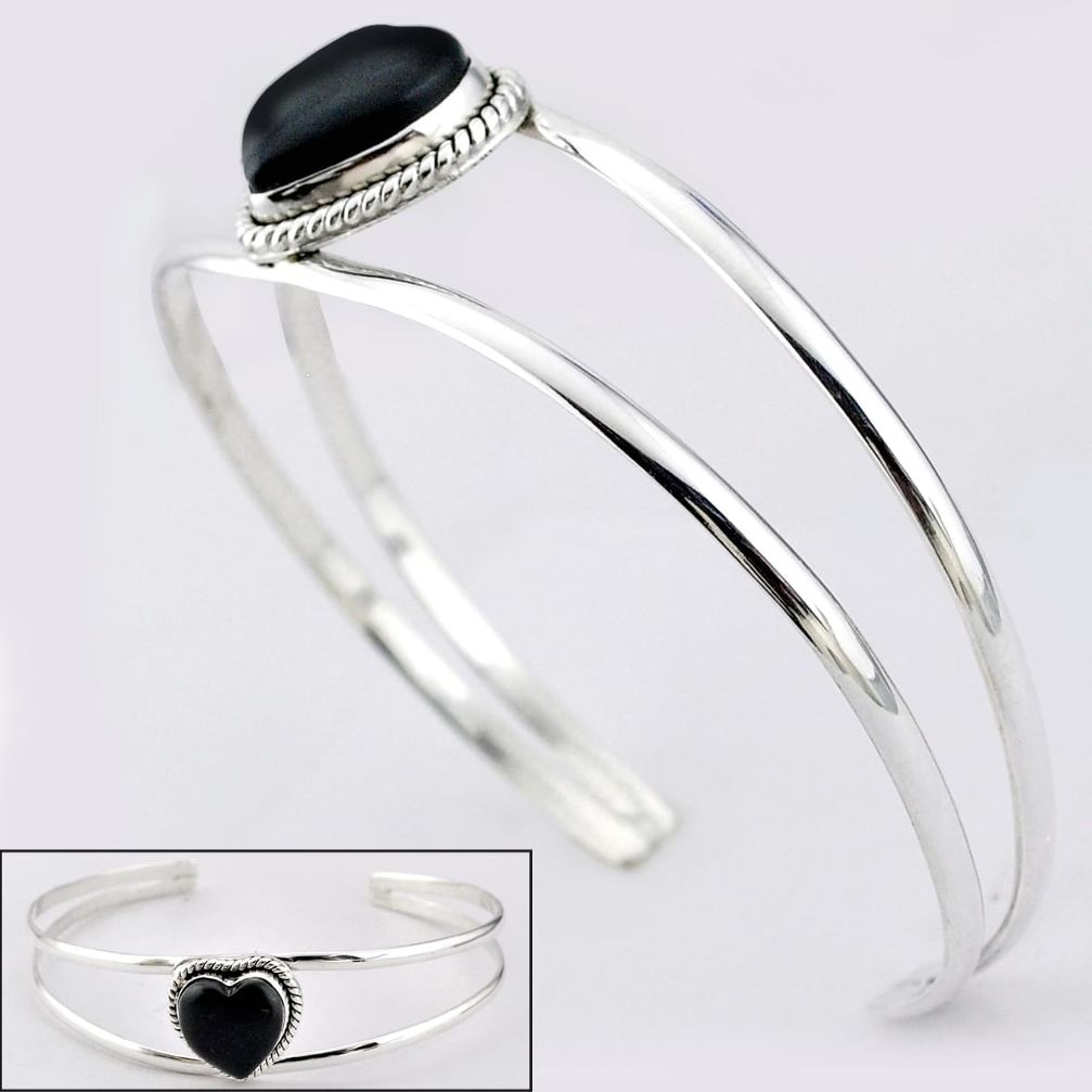 14.16cts heart natural black onyx 925 sterling silver adjustable bangle t91599