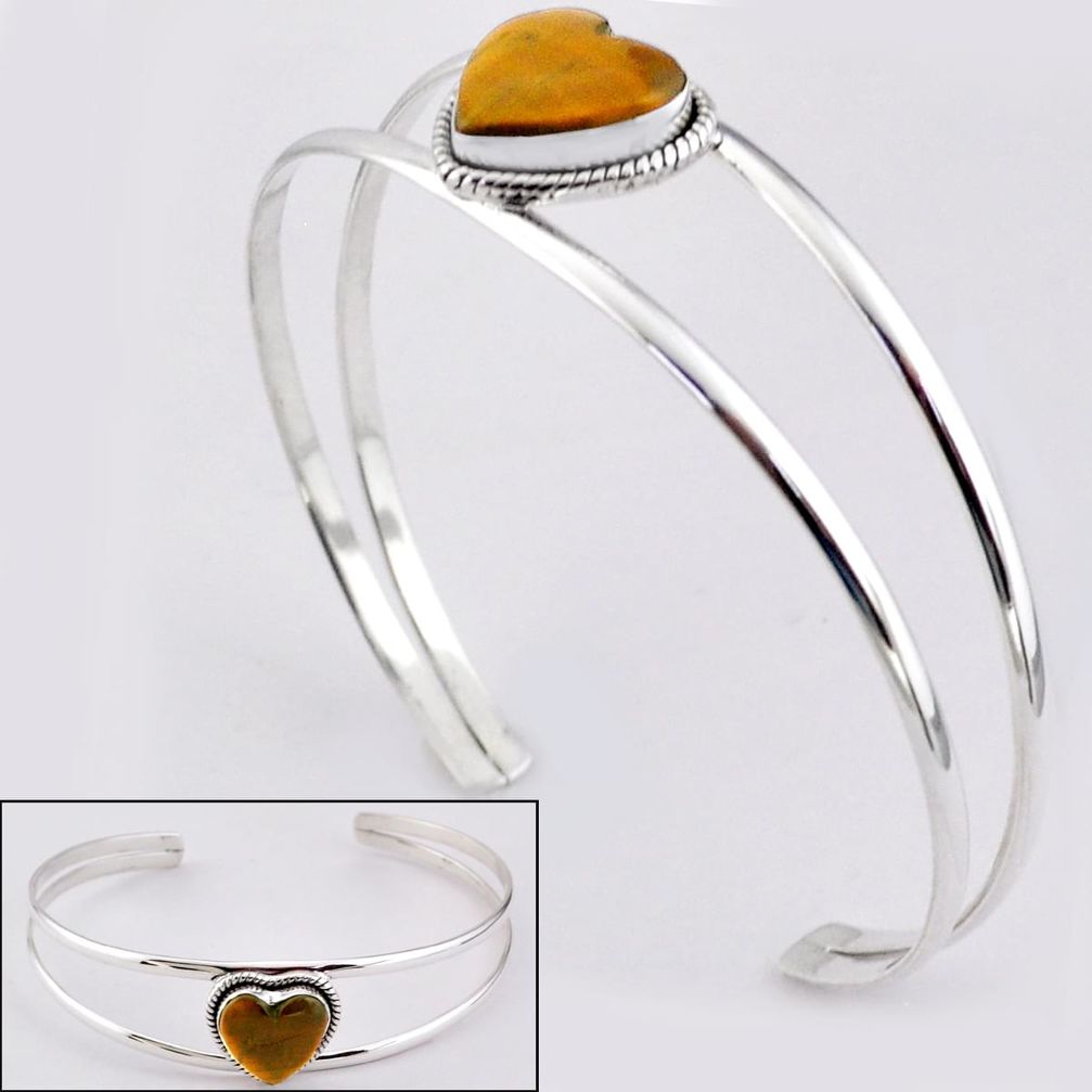 14.82cts heart natural brown tiger's eye 925 silver adjustable bangle t91565