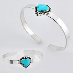 13.21cts natural blue kingman turquoise heart silver adjustable bangle c31094