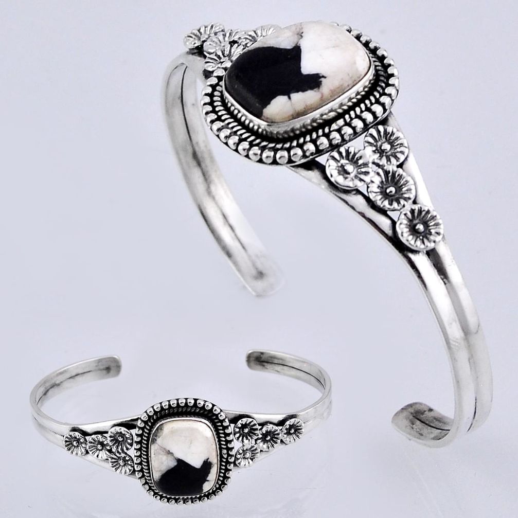 14.18cts natural white buffalo turquoise octagan silver adjustable bangle n32423