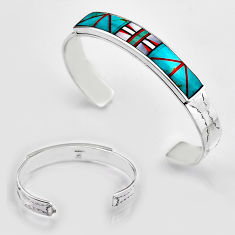 30.69gms turquoise pearl onyx coral enamel 925 silver adjustable bangle c34158